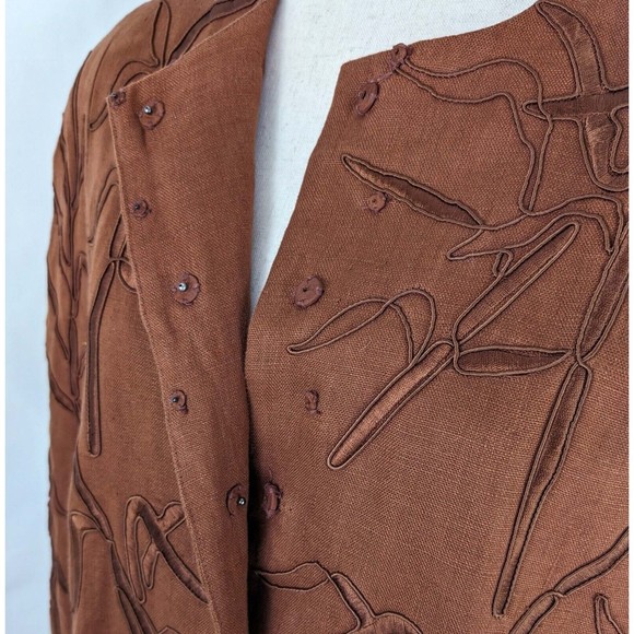 Carmen Marc Valvo Brown Linen Women's 12 Embroidered Snap Front Jacket - Picture 4 of 10